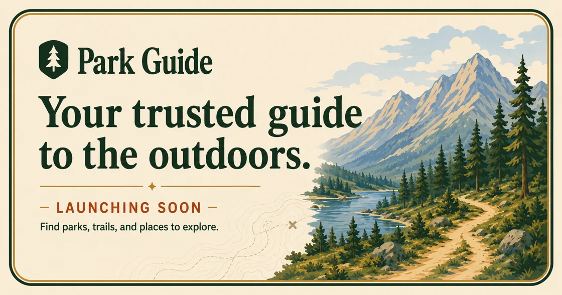 Park Guide branding with an illustrated mountain landscape and a “Launching soon” message.